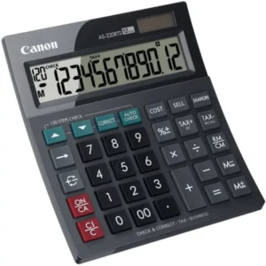 CANON AS-220RTS THIS 12-DIGIT MINI-DESKTOP CALCULATOR INCORPORATES A STYLISH ARC DESIGN ENABLING IT TO SUIT ALL OFFICES. OTHER FEATURES INCLUDE 120-STEPS CHECK AND CORRECT  AUTO CHECK FUNCTION  AND ANGLED DISPLAY.