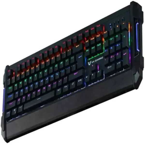 VX GAMING REINFORCE SERIES MECHANICAL RAINBOW LIGHTING KEYBOARD WITH DURABLE INDIVIDUAL MECHANICAL KEYS ADJUSTABLE BACKLIGHT EFFECTS WATER RESISTANT NON SLIP BASE