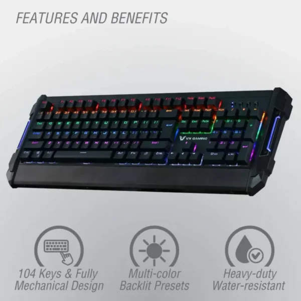 VX GAMING REINFORCE SERIES MECHANICAL RAINBOW LIGHTING KEYBOARD WITH DURABLE INDIVIDUAL MECHANICAL KEYS ADJUSTABLE BACKLIGHT EFFECTS WATER RESISTANT NON SLIP BASE - Image 4